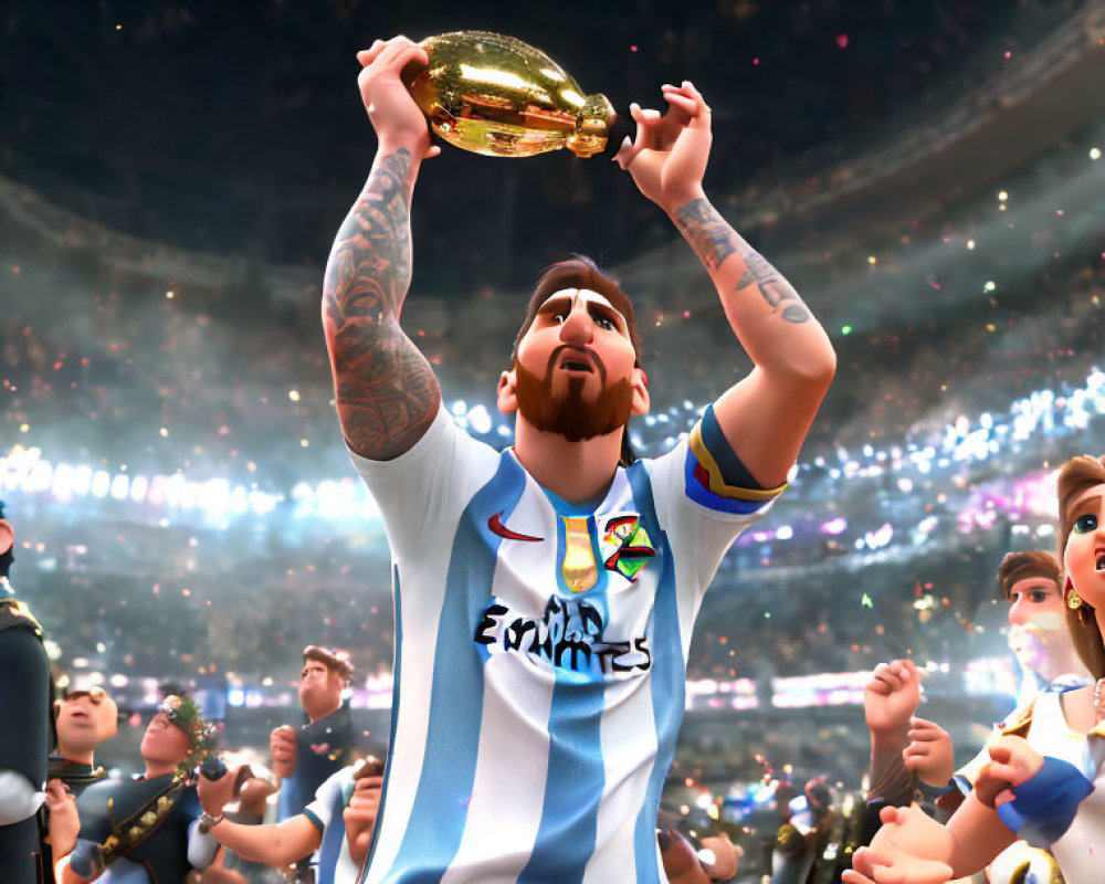 Animated soccer player celebrates victory with trophy in stadium full of fans