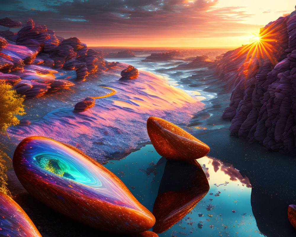 Surreal landscape with radiant sunset and fantastical rock formations