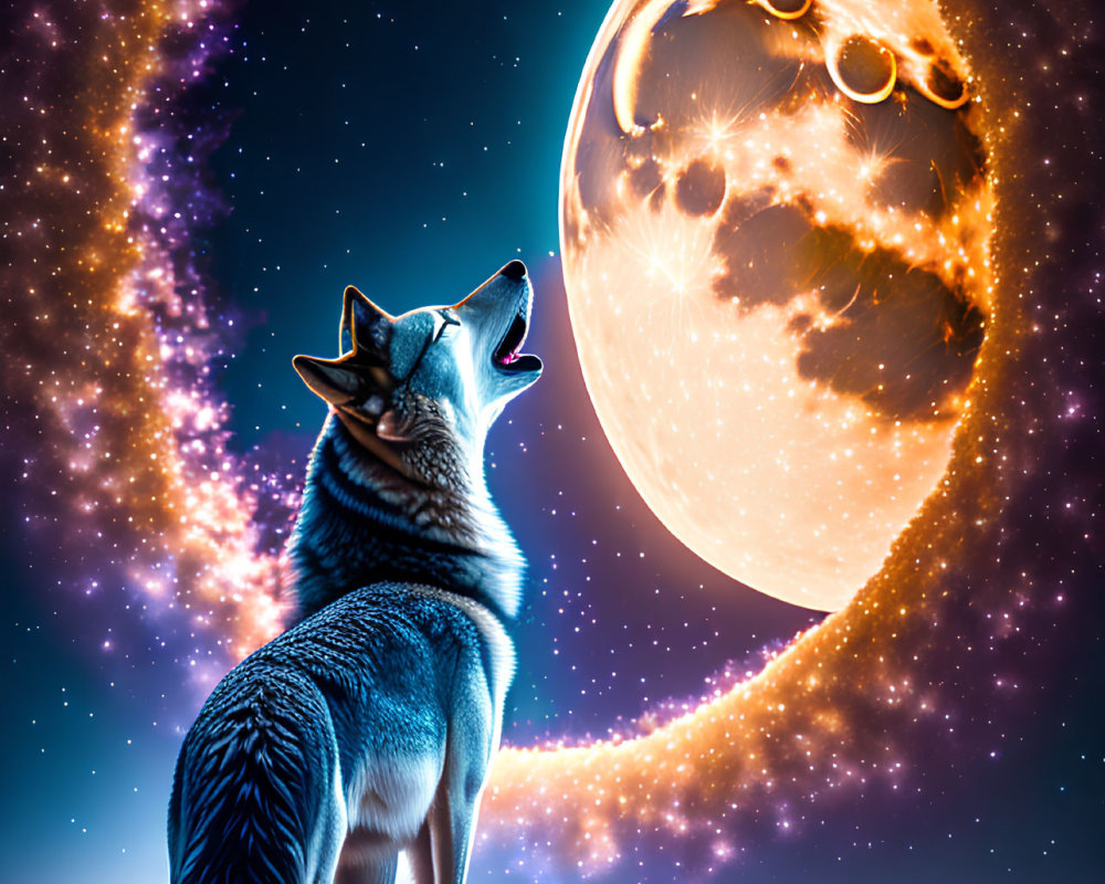 Wolf howling at surreal oversized crescent moon in glowing galaxy backdrop