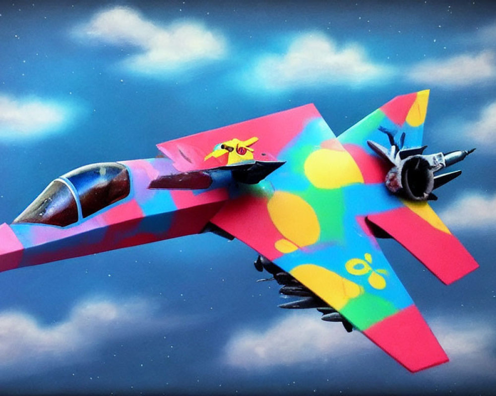 Colorful Abstract Patterned Toy Fighter Jet Soaring in Cloudy Blue Sky