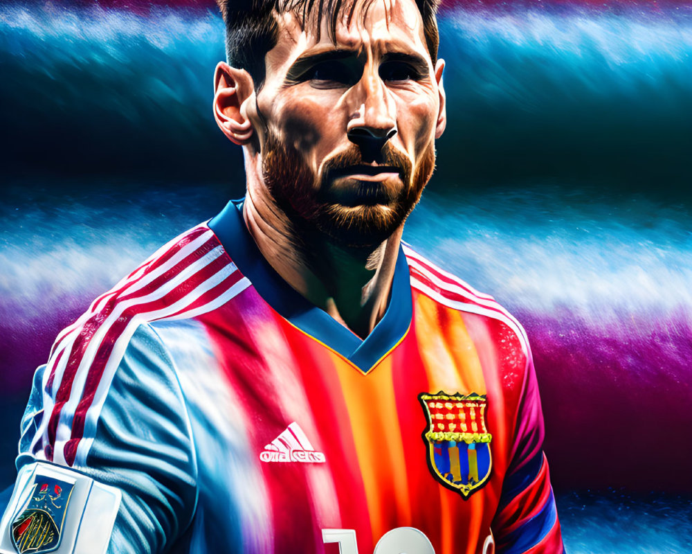 Colorful Soccer Player Illustration with Number 10 on Blue and Red Background