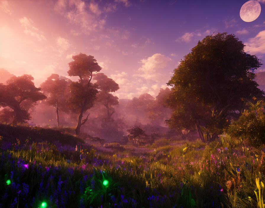 Enchanting twilight forest with purple skies, moon, glowing flowers, and misty trees.
