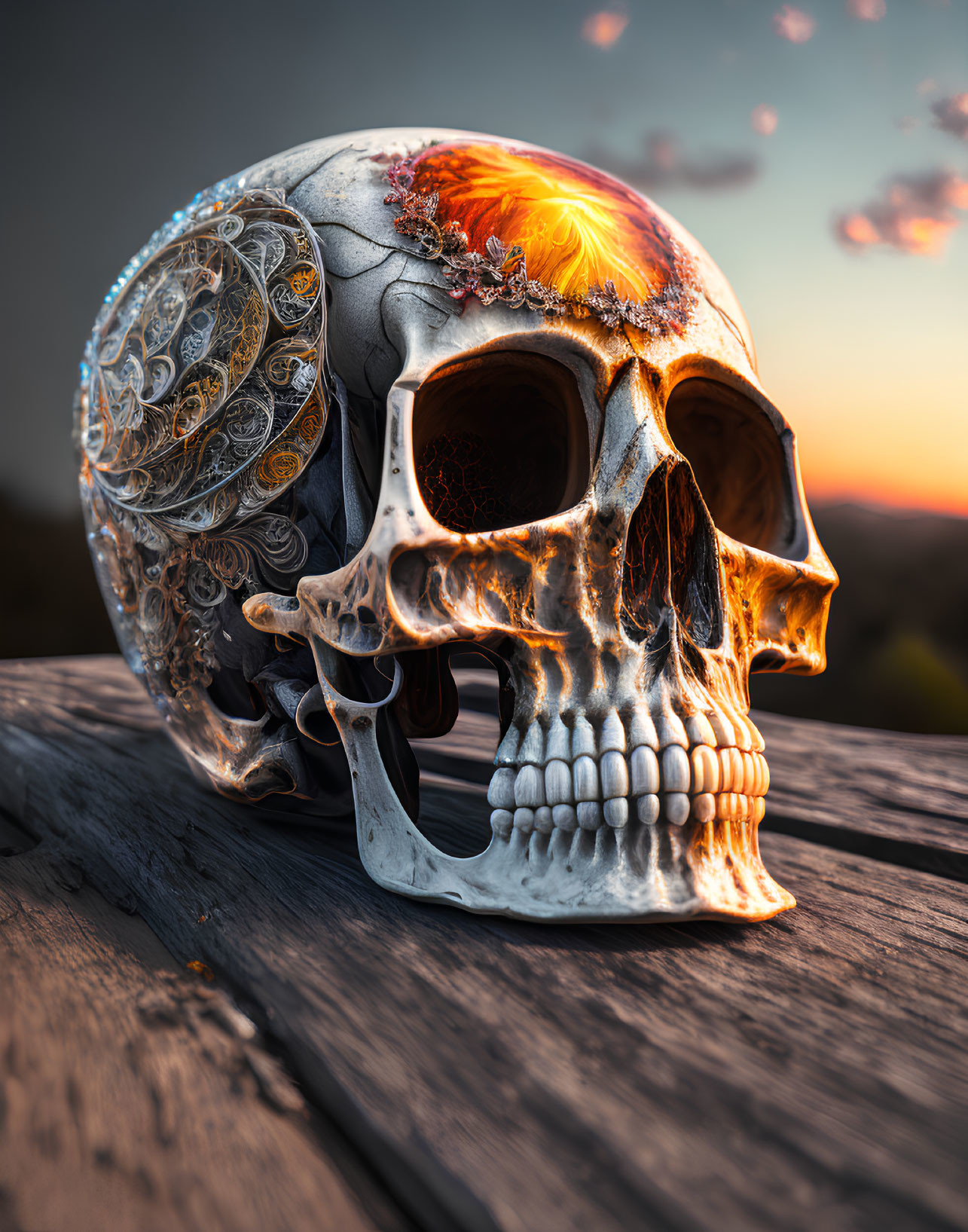 Intricately engraved decorative skull with fiery orange embellishment on wooden surface against sunset backdrop