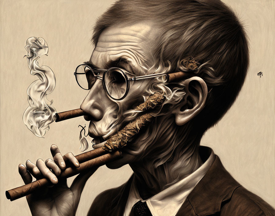 Detailed Caricature of Man Smoking Cigar with Glasses