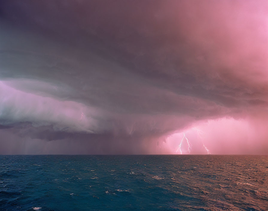 Vivid Purple Sky and Stormy Seascape with Lightning Bolts