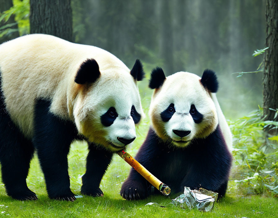 Misty forest scene with two pandas, one standing with bamboo stick.