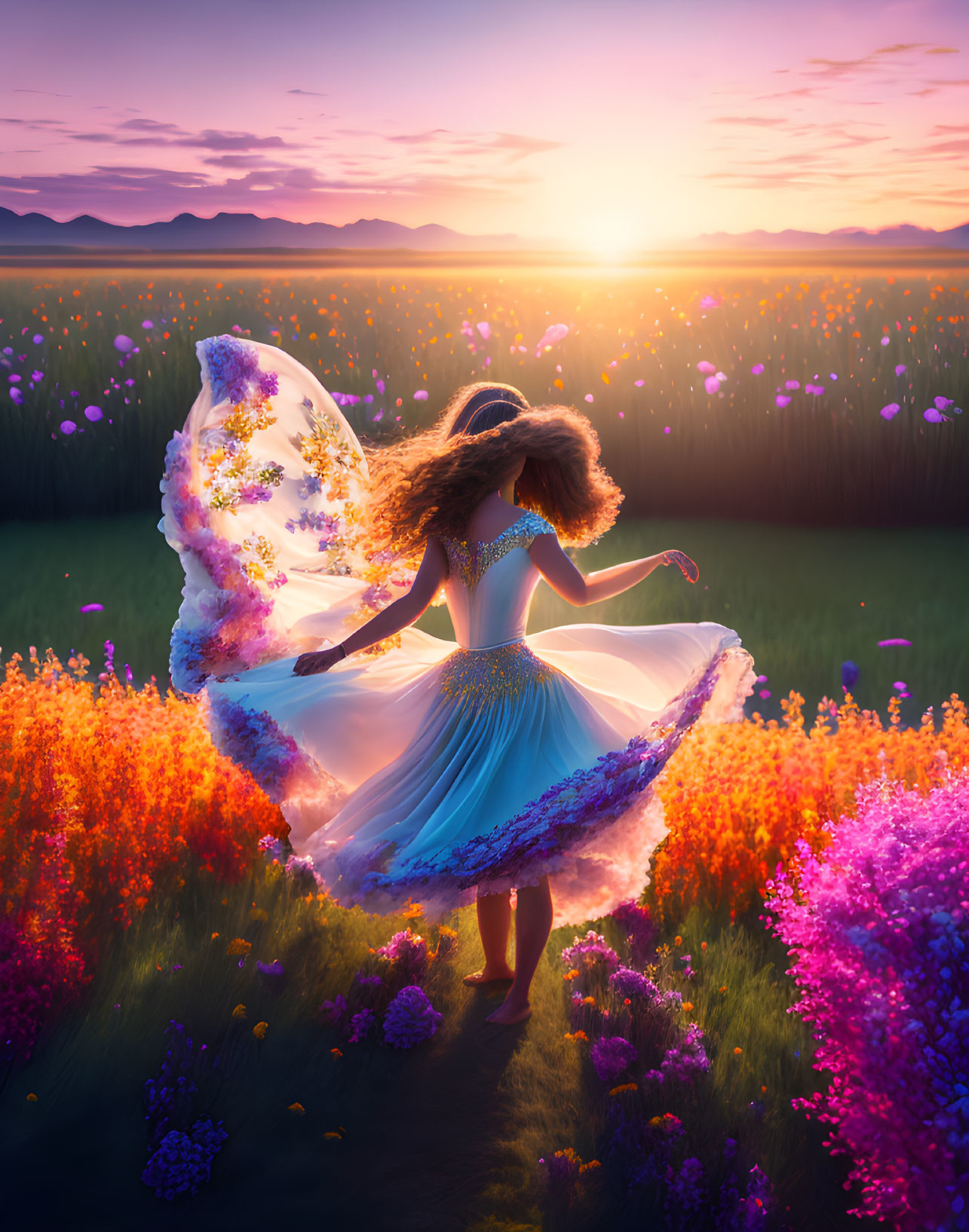 Woman with butterfly wings in vibrant flower field at sunrise