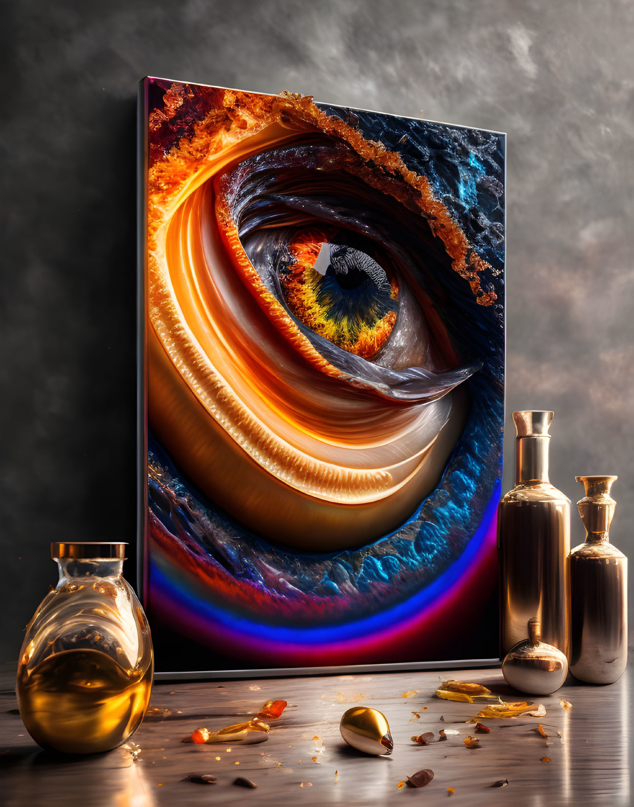 Surreal canvas with fiery eye and golden vases on surface