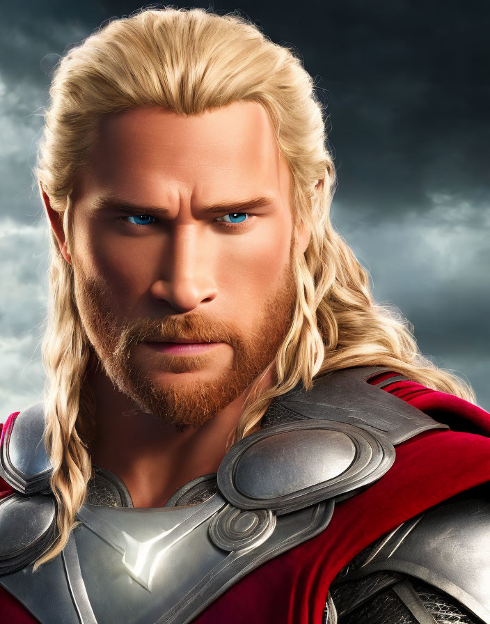 Blonde man in medieval armor with blue eyes under stormy sky