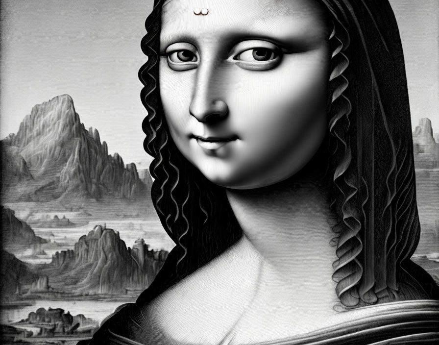 Monochrome digital Mona Lisa with surreal third eye