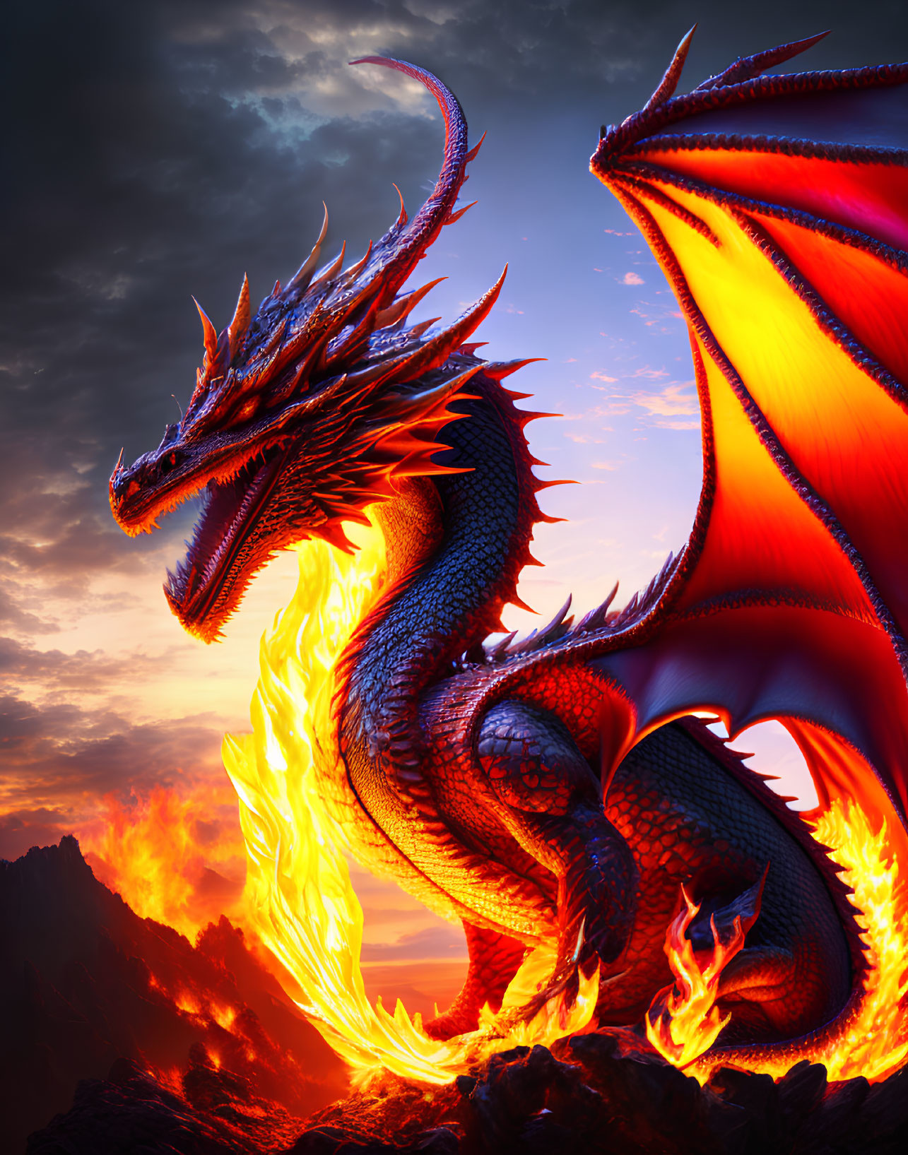 Majestic dragon with flaming wings on a mountain at sunset