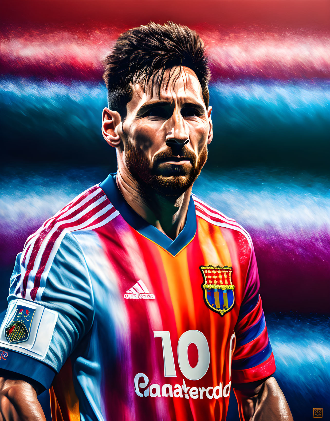 Colorful Soccer Player Illustration with Number 10 on Blue and Red Background
