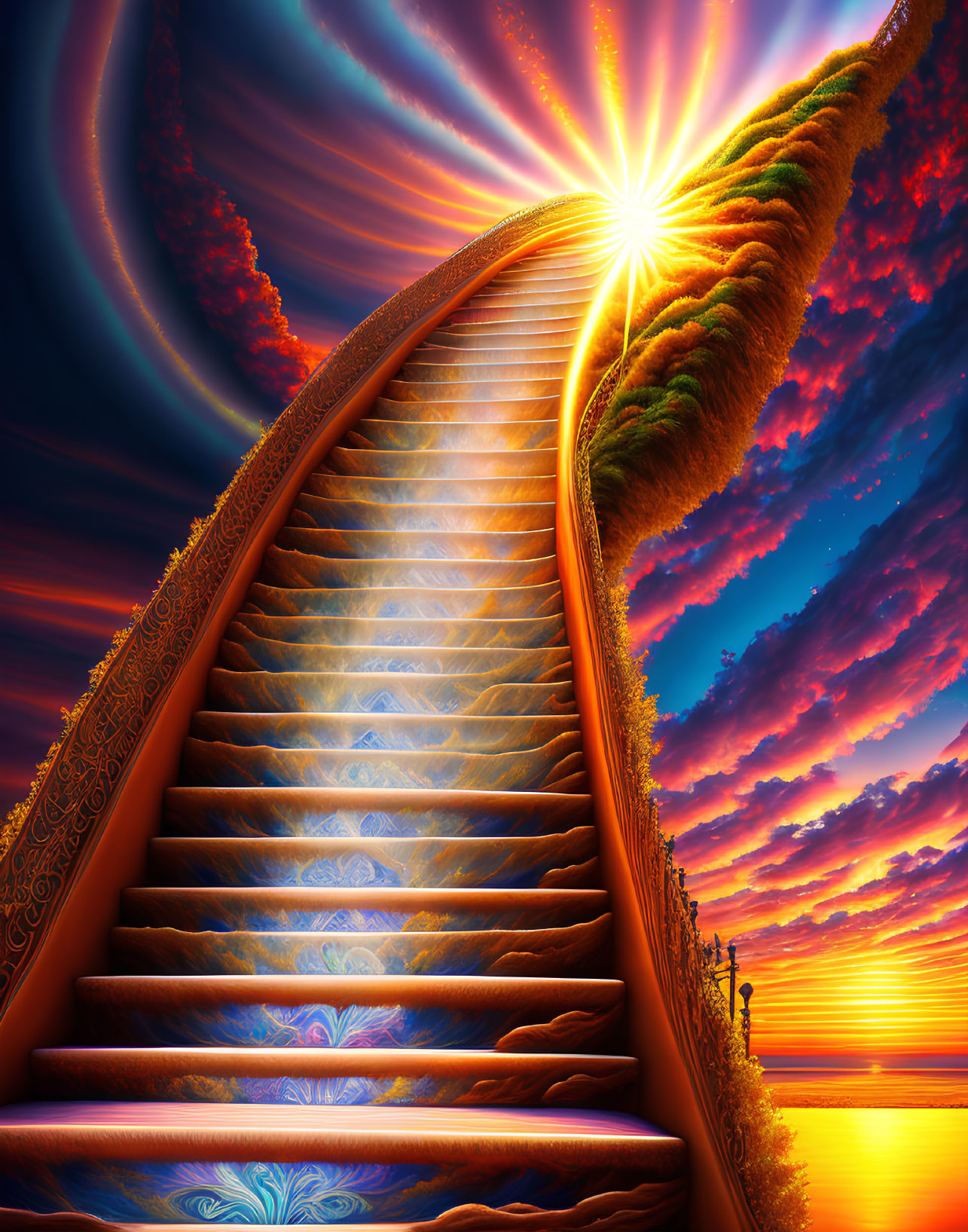Colorful digital artwork: Ornate staircase under sunset sky