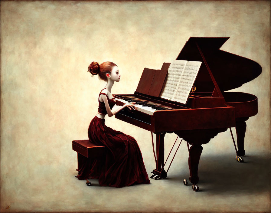 Stylized illustration of woman with elongated neck playing grand piano