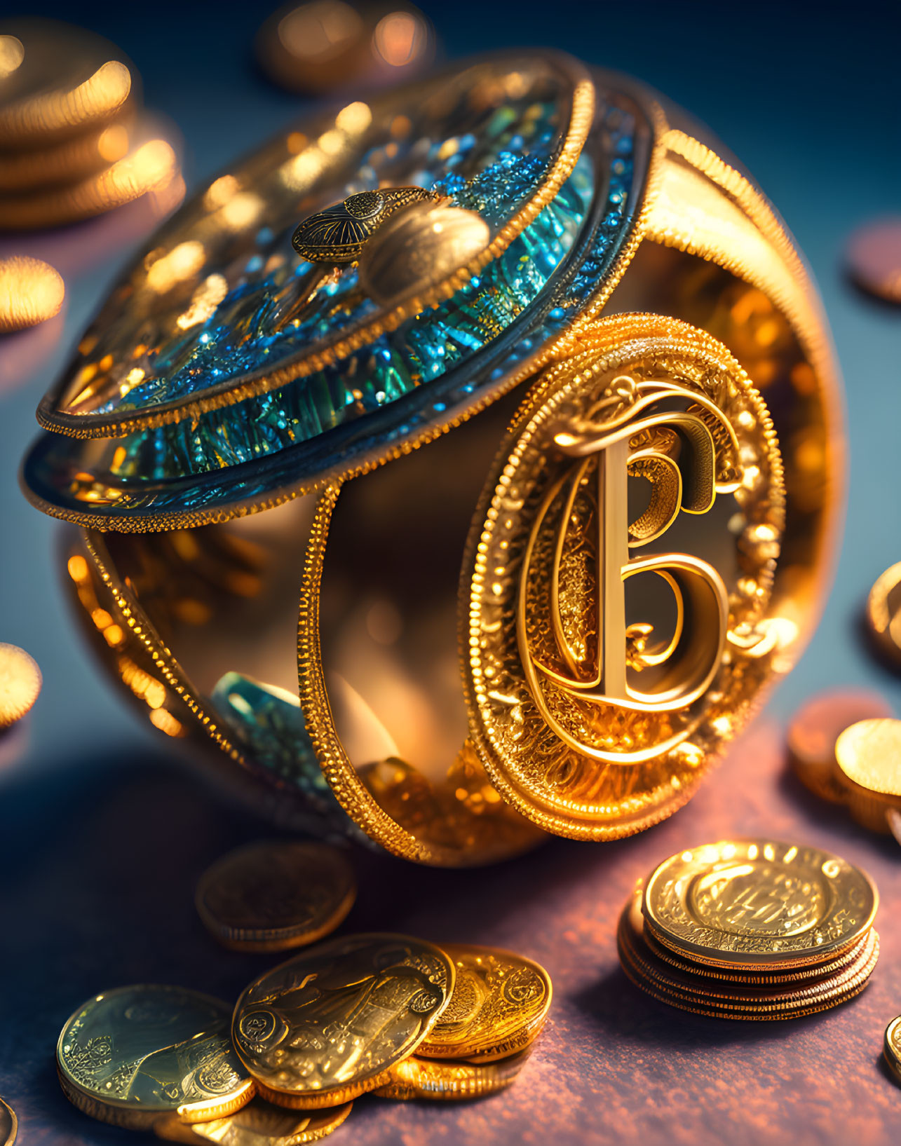 Golden 3D Rendered Cryptocurrency Coin with "B" Symbol and Scattered Coins