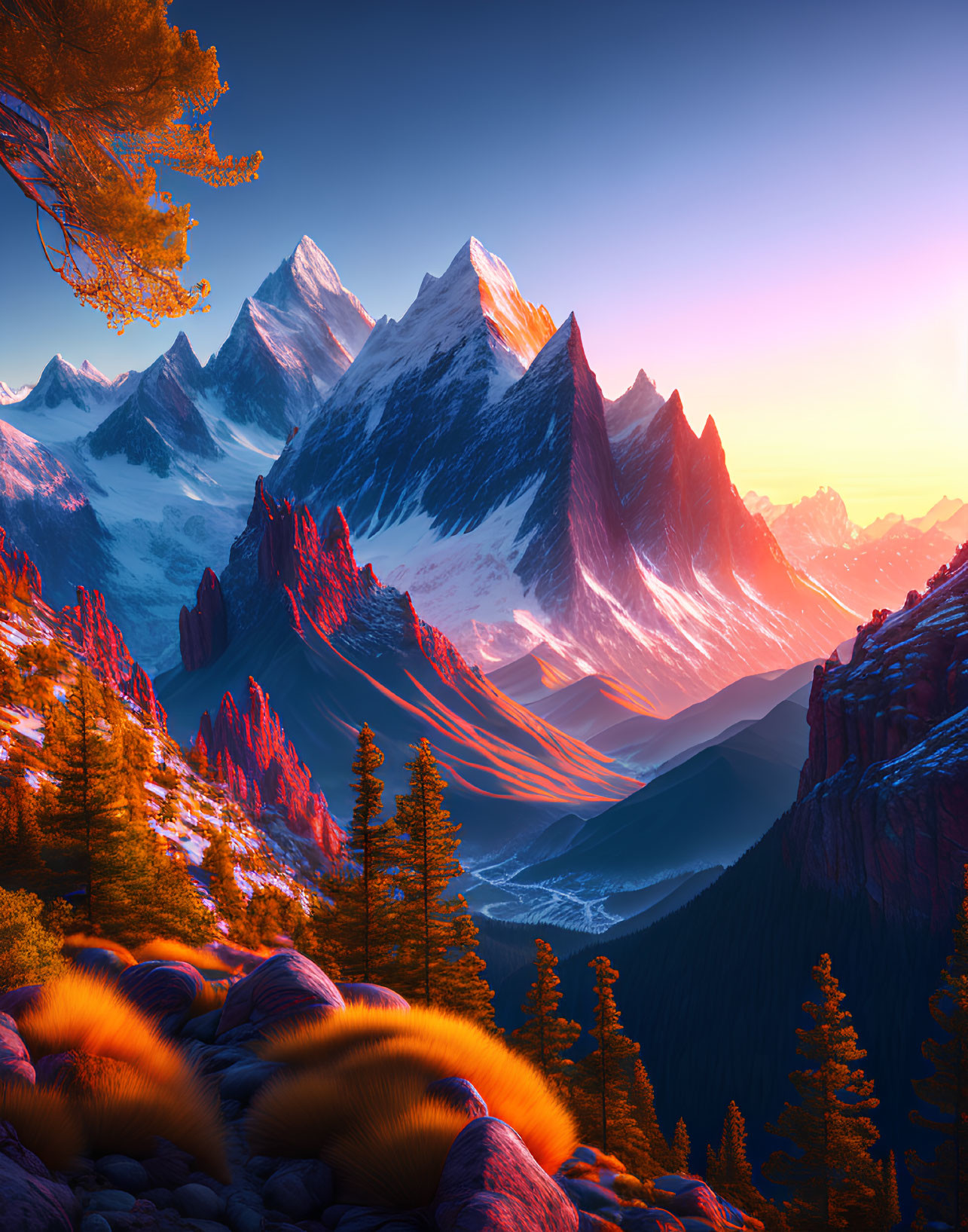Snow-capped peaks, river, autumn trees in vibrant mountain sunrise landscape