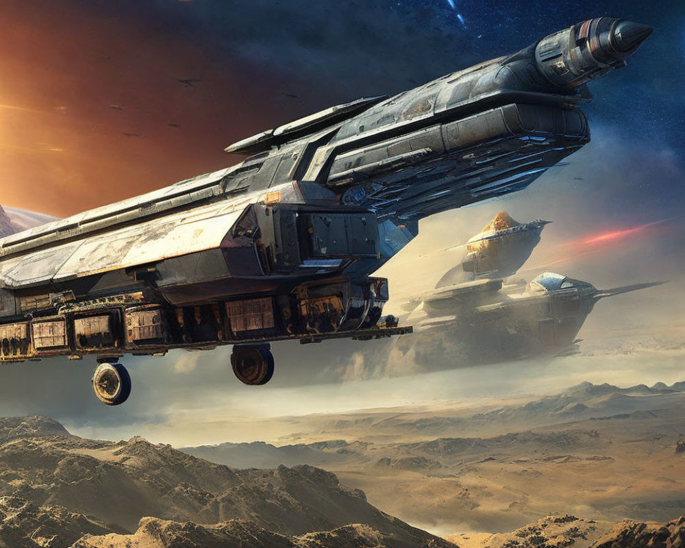 Futuristic spaceship flying over barren desert with dramatic sky.