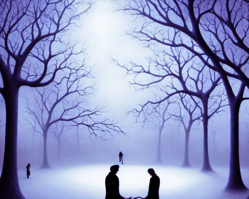 Misty forest scene with silhouetted trees and figures under white light