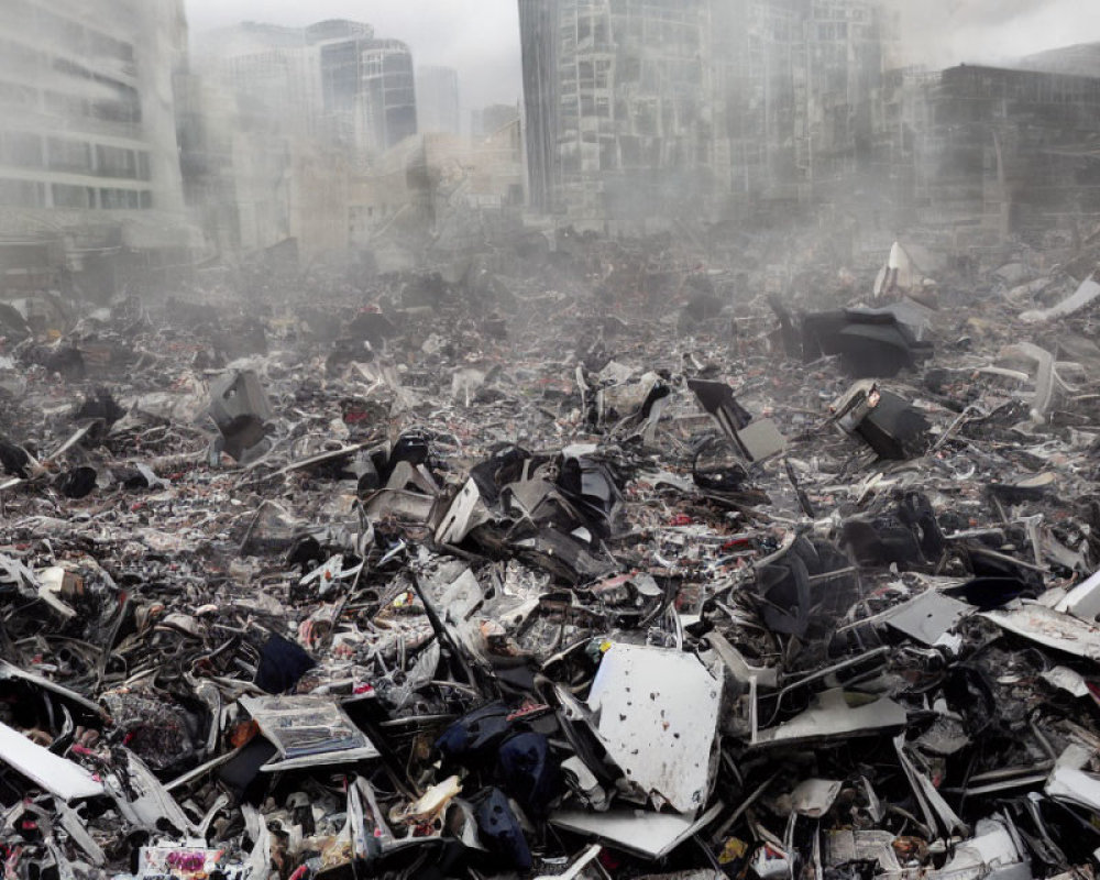 Cityscape Devastation: Collapsed Buildings, Rubble, Smoke-filled Sky