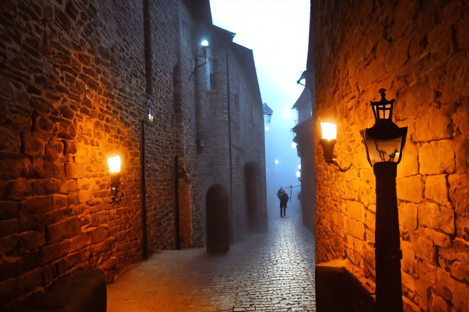 Twilight scene: person strolling cobblestone street with old buildings and street lamps