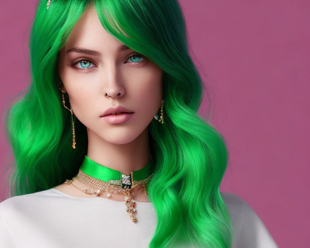 Vibrant Green Hair Updo with Gold Accessories, Blue Eyes, Nose Piercing, Green E