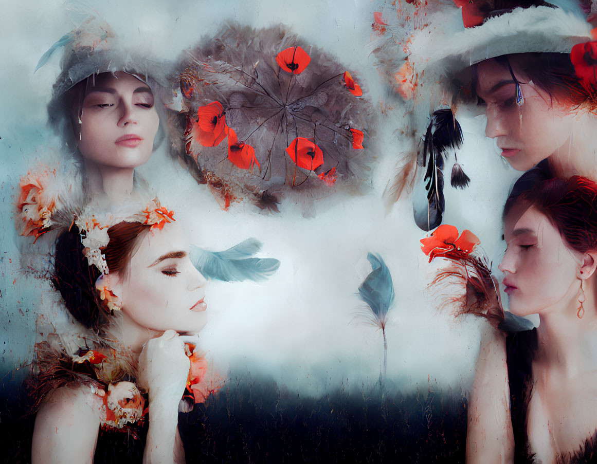 Four ethereal female portraits with red poppies, feathers, and blue backdrop.