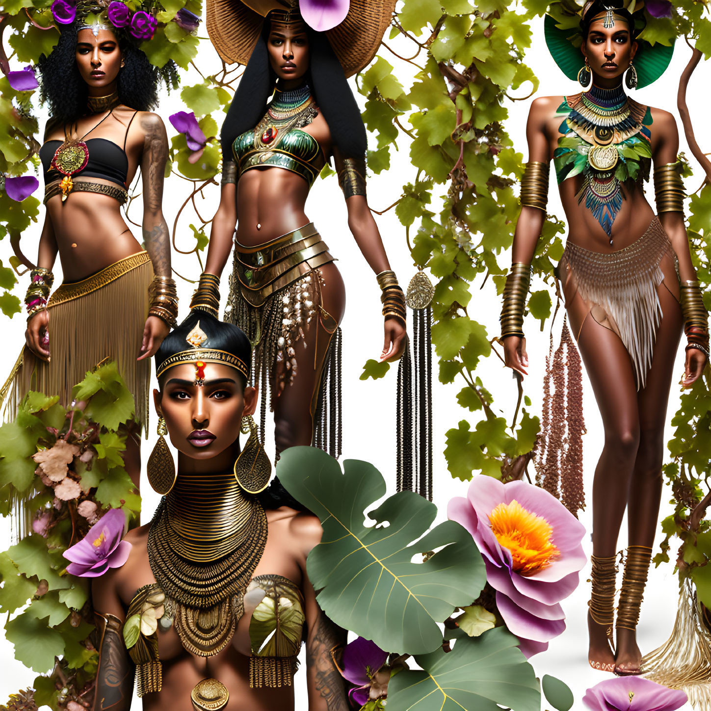 Five artistic renders of a woman in gold and green outfits with jewelry, surrounded by vines and flowers