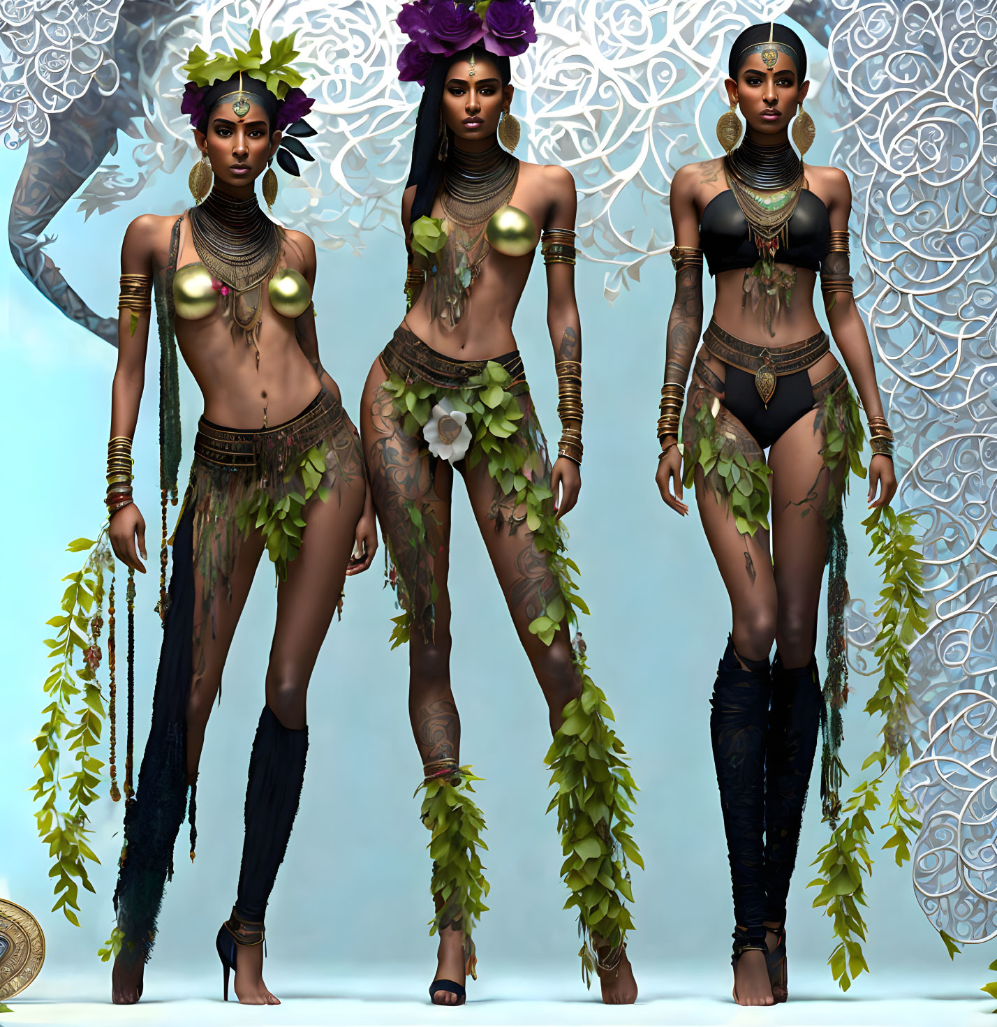 Stylized women in leaf-themed attire with golden accessories against ornate backdrop.