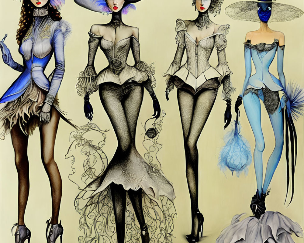 Four Stylized Women in Avant-Garde Fashion with Elaborate Hats and Corseted