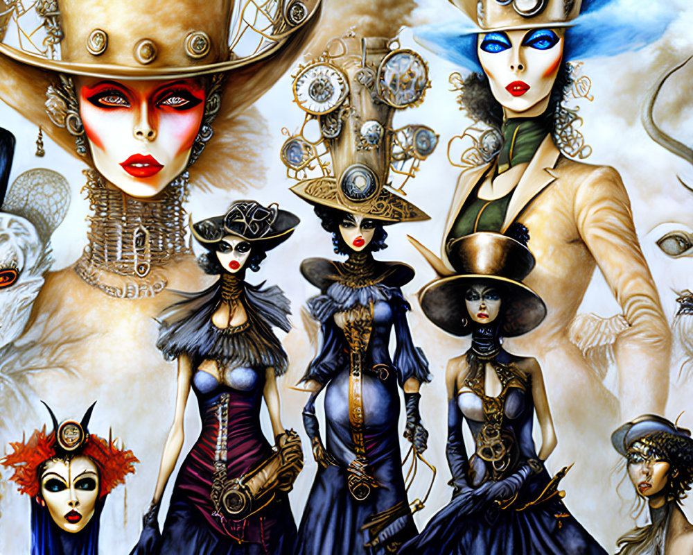 Vibrant steampunk-inspired women illustration with intricate designs