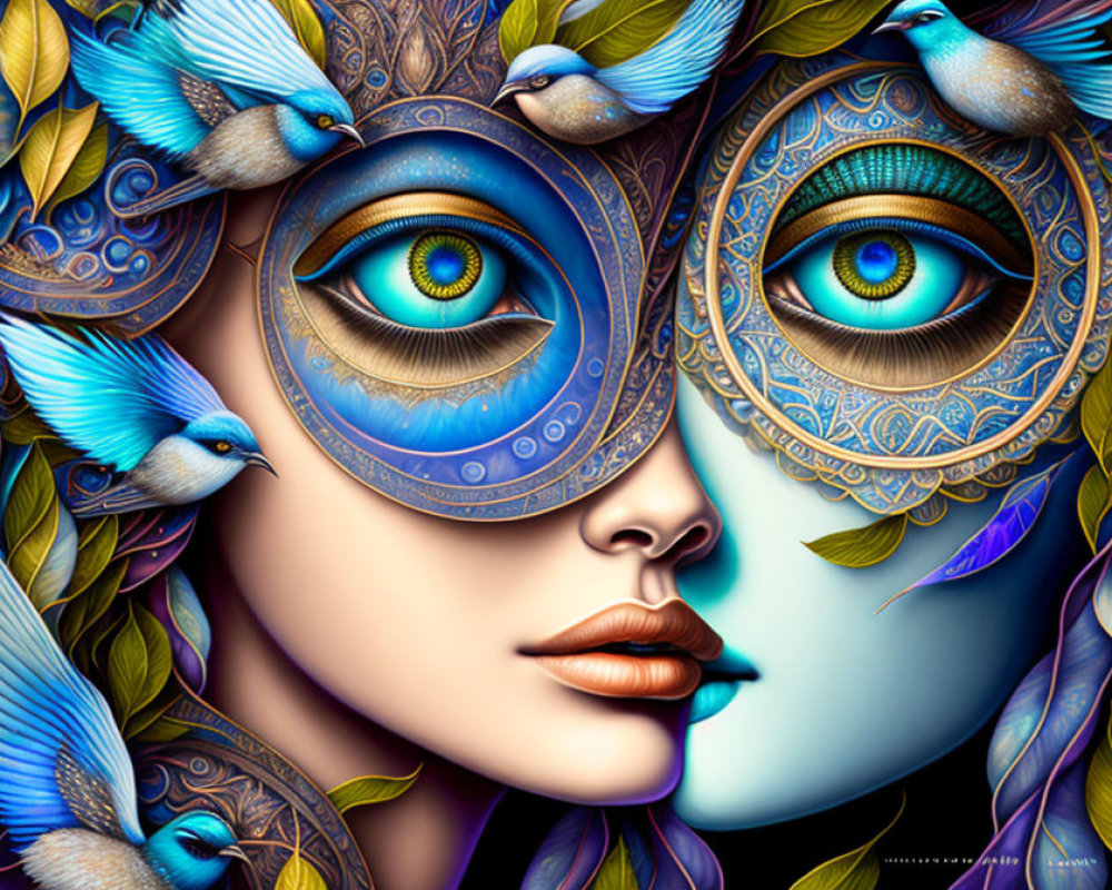 Vivid portrait with ornate peacock feather eye masks and blue birds on dark background