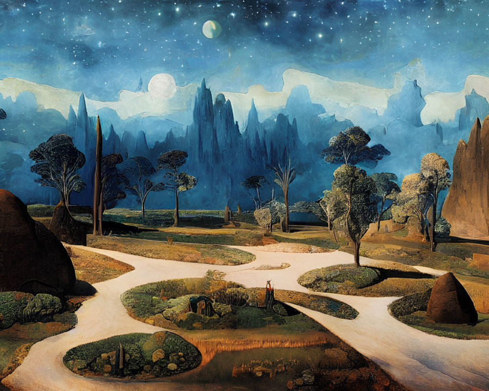 Fantastical landscape painting with wandering paths, towering cliffs, night sky, stars, and moon