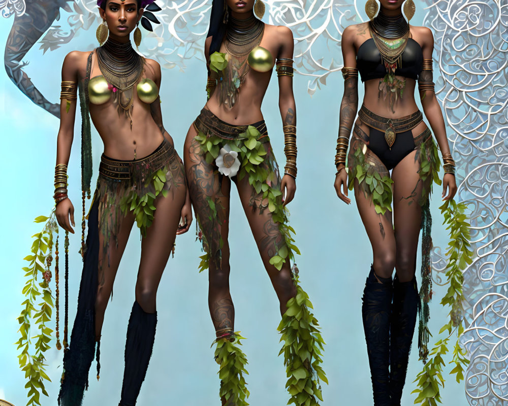 Stylized women in leaf-themed attire with golden accessories against ornate backdrop.