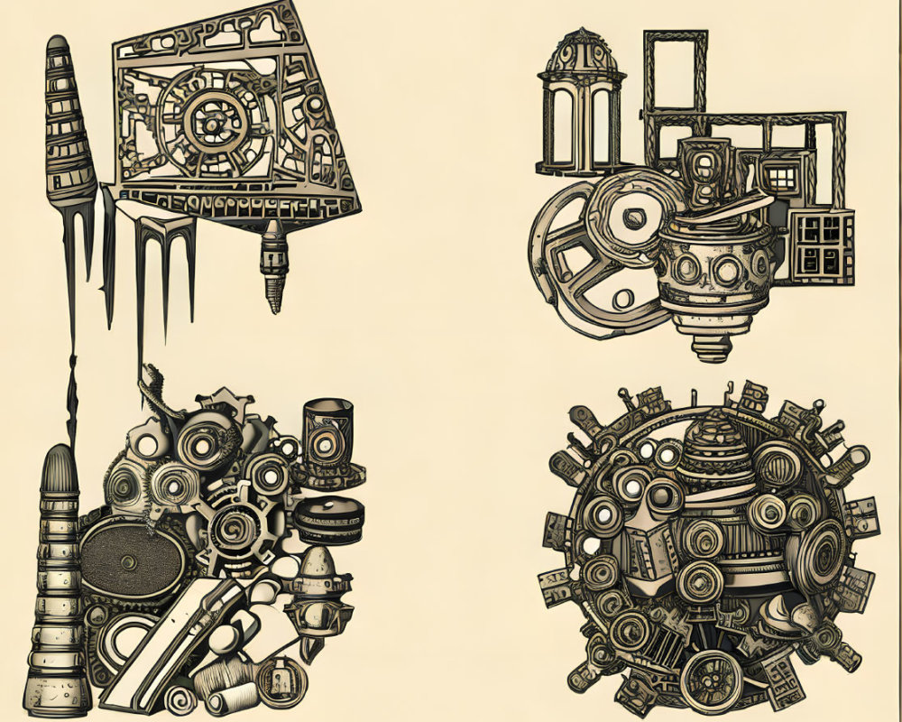 Detailed steampunk illustrations of rocket, floating island, skull, and circular design.