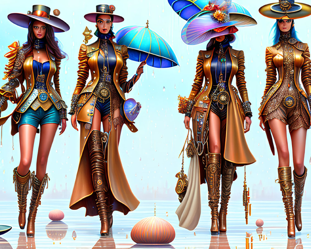 Four Female Characters in Steampunk-Inspired Outfits with Fantastical Architecture and Floating Bal
