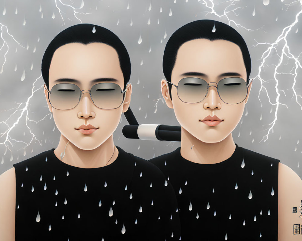 Identical twins with sunglasses in stormy setting, lightning and raindrops.