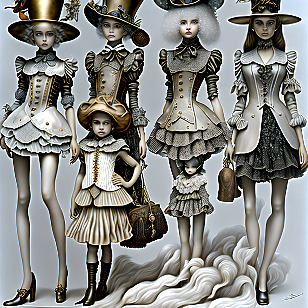 Six Stylized Female Figures in Avant-Garde Victorian-Inspired Outfits