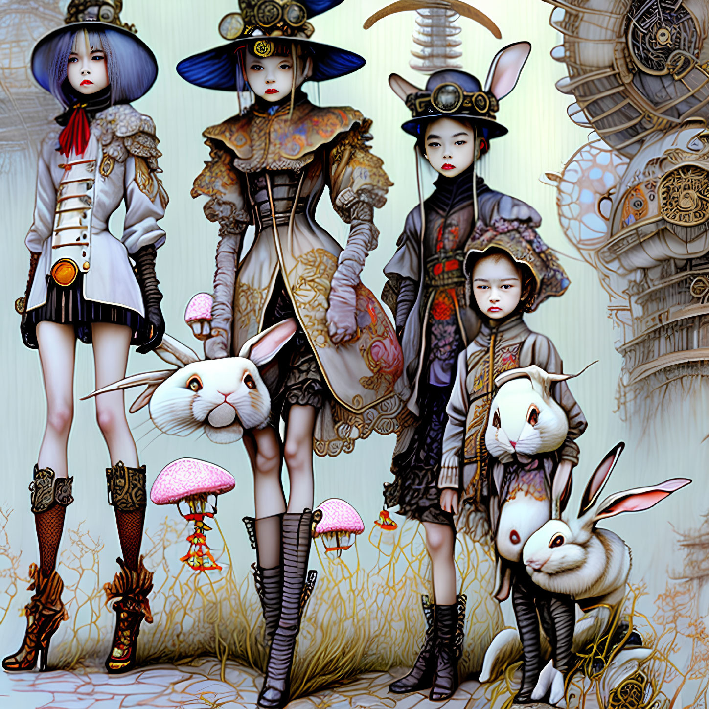 Fantasy characters with rabbit features in ornate clothing among cogwheels and large rabbits in hats