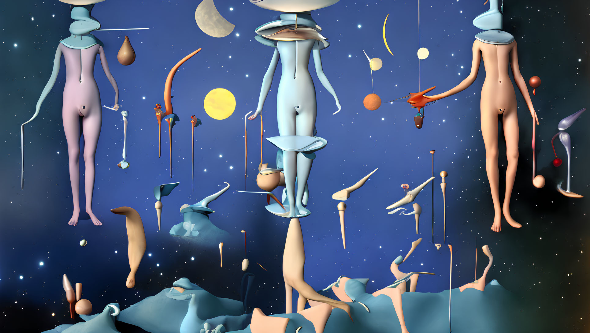 Abstract surreal artwork: elongated humanoid figures and celestial objects in cosmic scene
