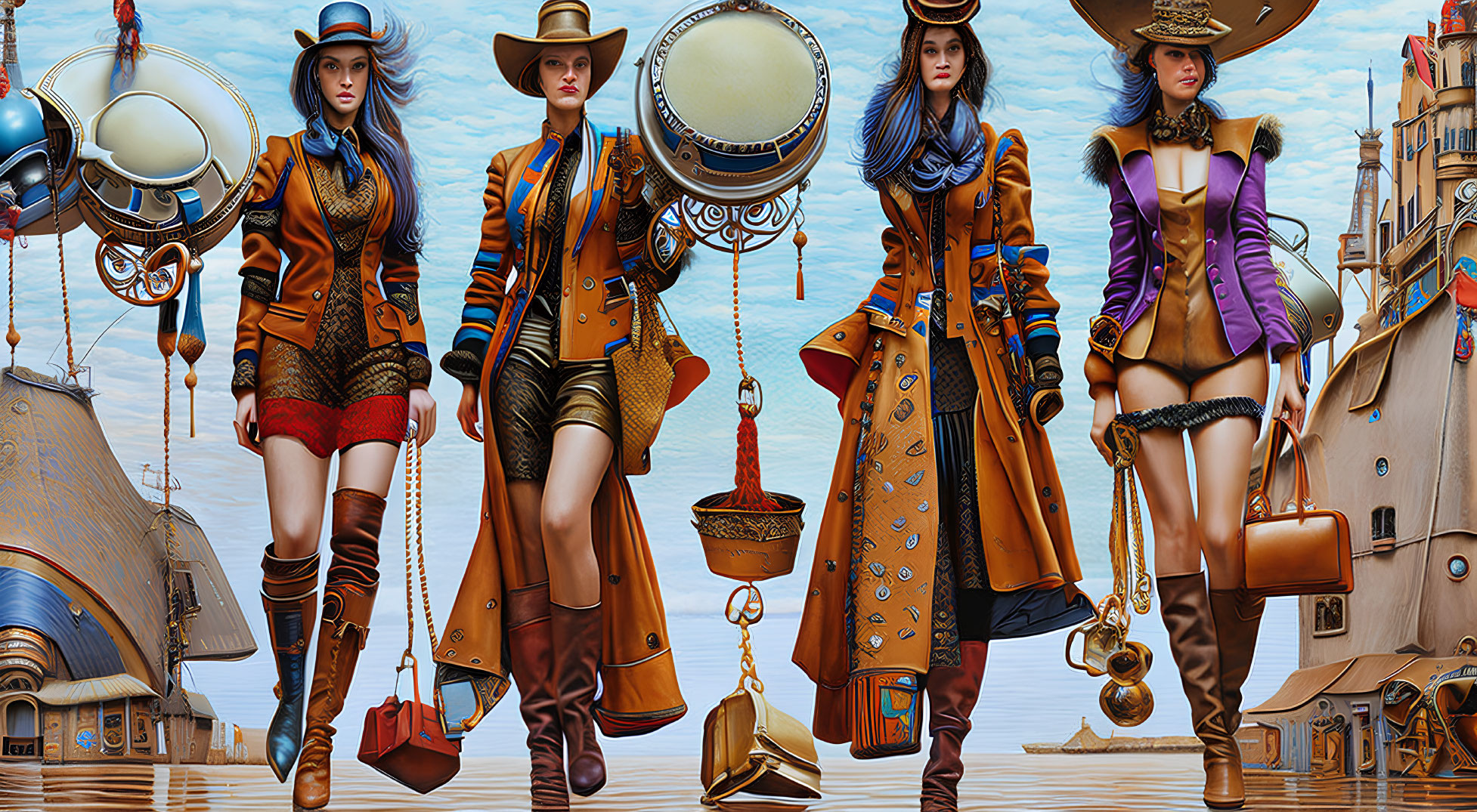 Stylized steampunk women with airships and gears in background
