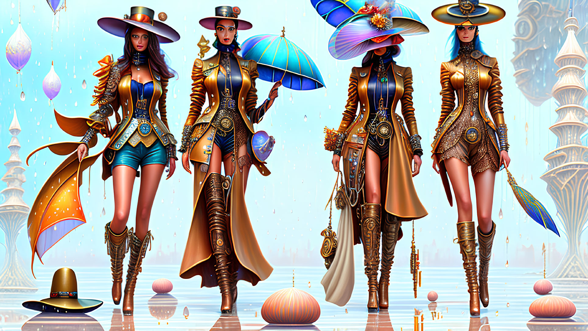 Four Female Characters in Steampunk-Inspired Outfits with Fantastical Architecture and Floating Bal