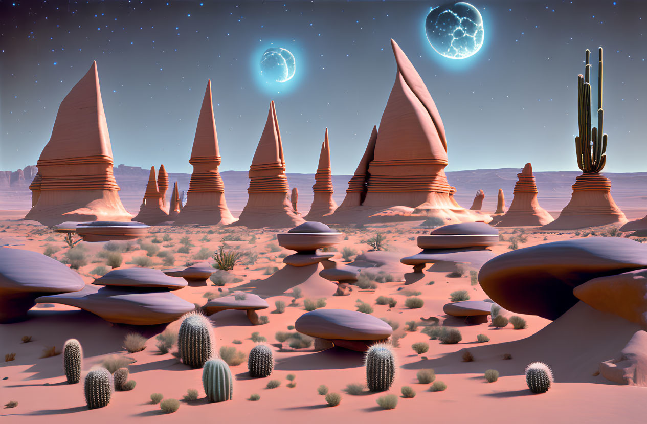 Surreal desert landscape with rock spires, flying saucer-like formations, cacti,
