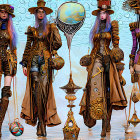 Stylized steampunk women with airships and gears in background