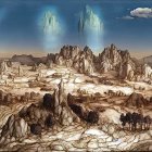 Fantastical landscape with towering spires and celestial skies
