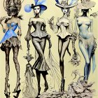 Four Stylized Women in Avant-Garde Fashion with Elaborate Hats and Corseted