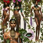 Five artistic renders of a woman in gold and green outfits with jewelry, surrounded by vines and flowers