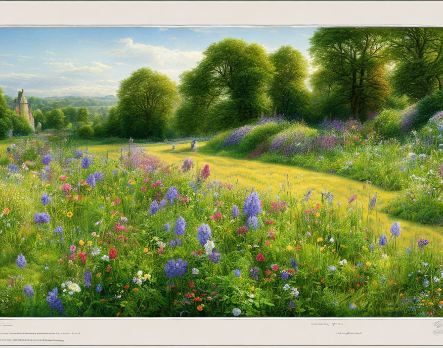 Vibrant wildflowers and lush green landscape under clear sky
