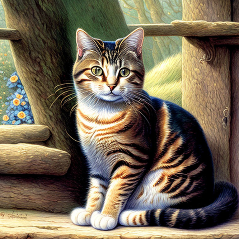 Tabby Cat Illustration on Wooden Ledge in Green Woodland