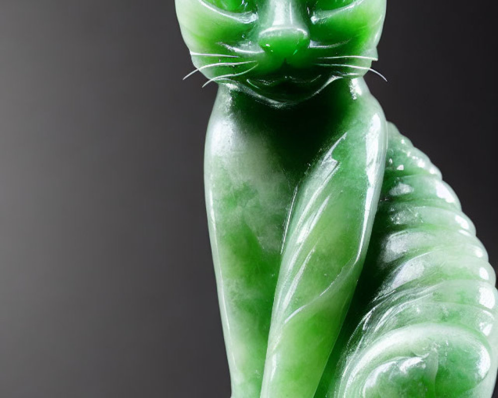 Detailed Carved Green Jade Seated Cat Sculpture on Dark Gray Background
