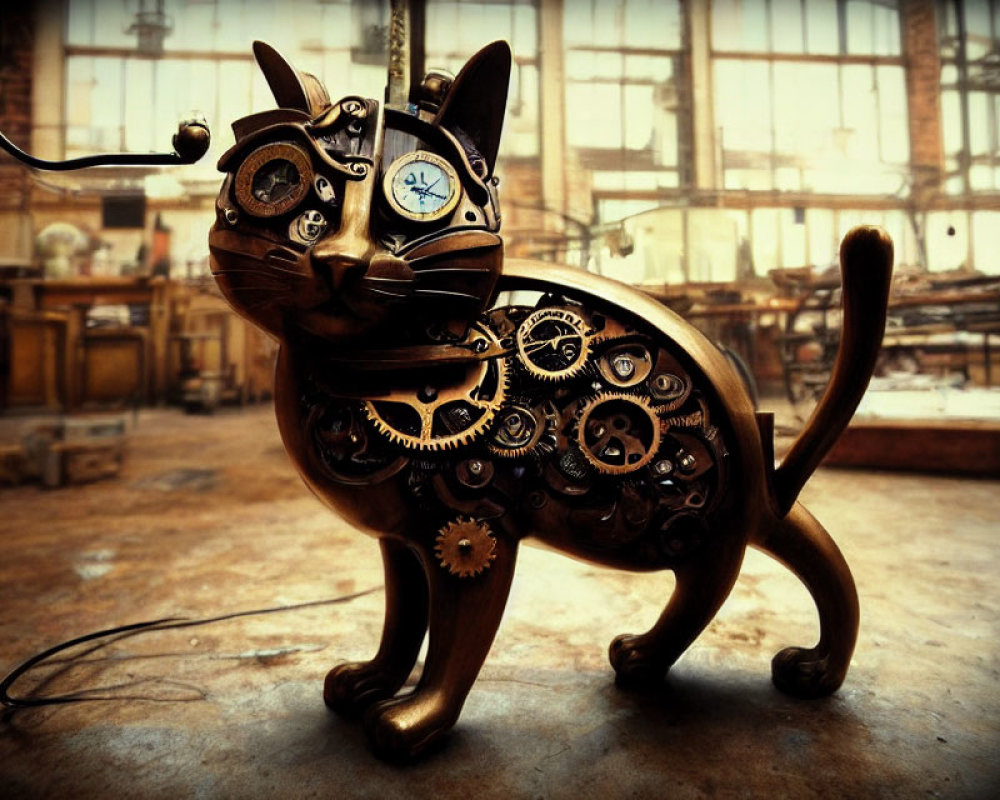Steampunk-style Cat Sculpture with Clock Eye on Industrial Background